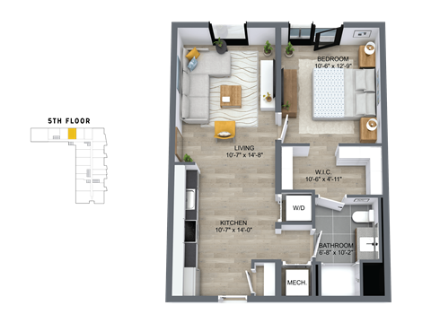 Floor plan for 1 bed, 1 bath, 677 sqft